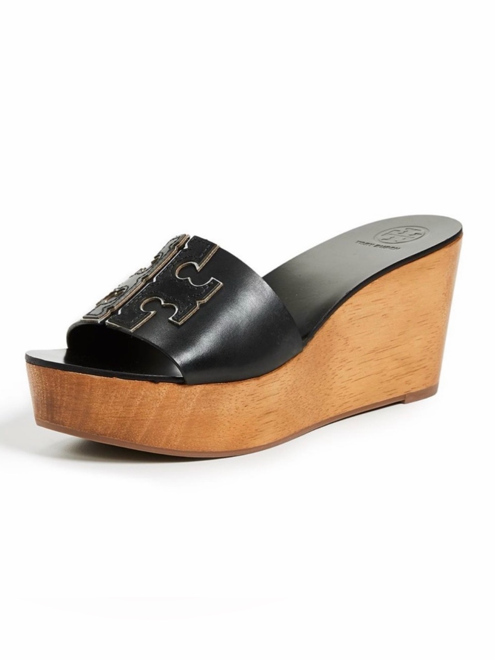 TORY BURCH Ines Black Leather Wedge Slide Sandals with Wood Platform